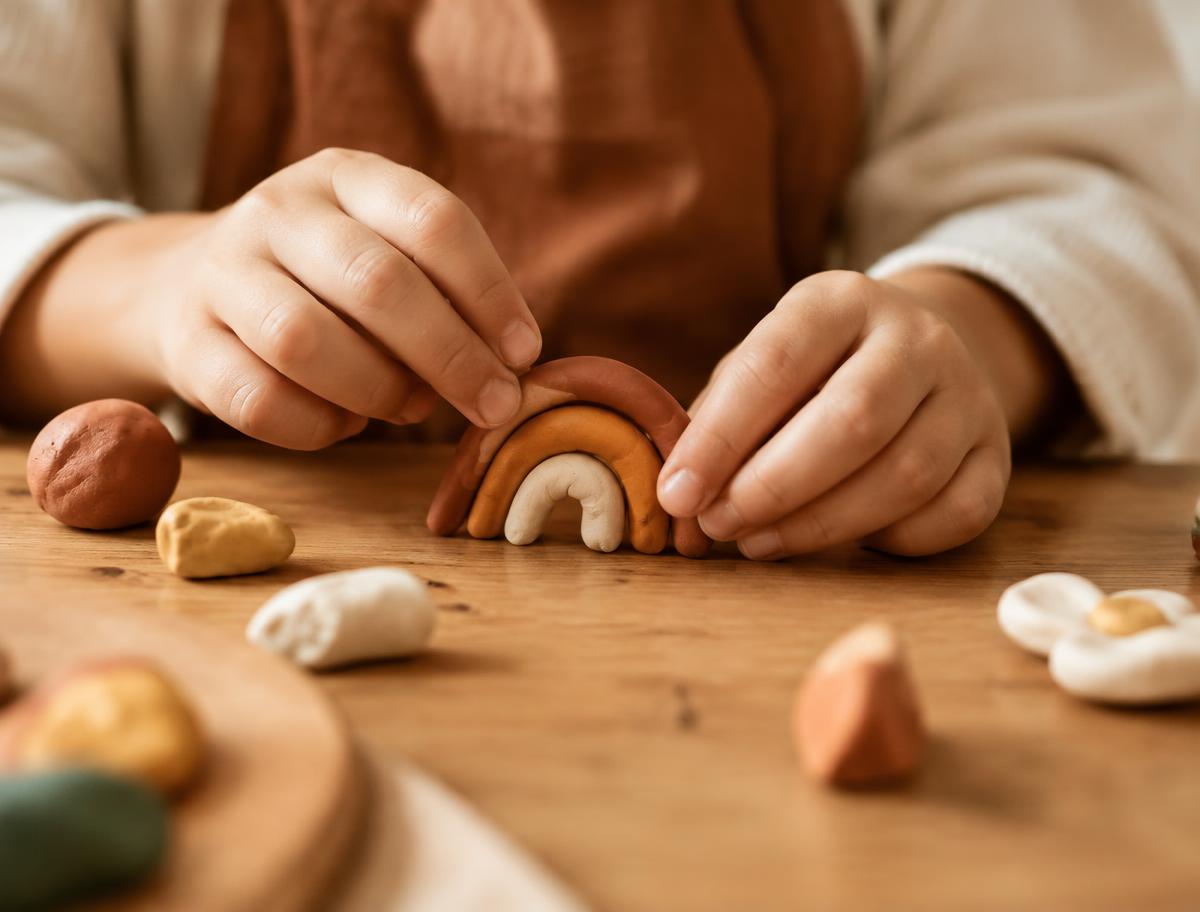 Mani di bambino che modellano un arcobaleno di argilla